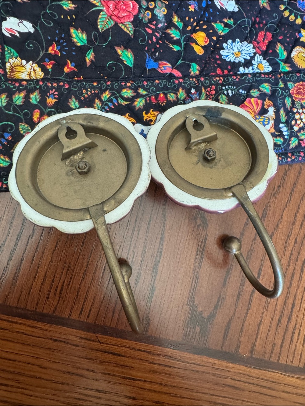 Ceramic Wall Hooks Purple Squash Blossom Brass Coat Hanger Jewelry Display - Picture 4 of 5